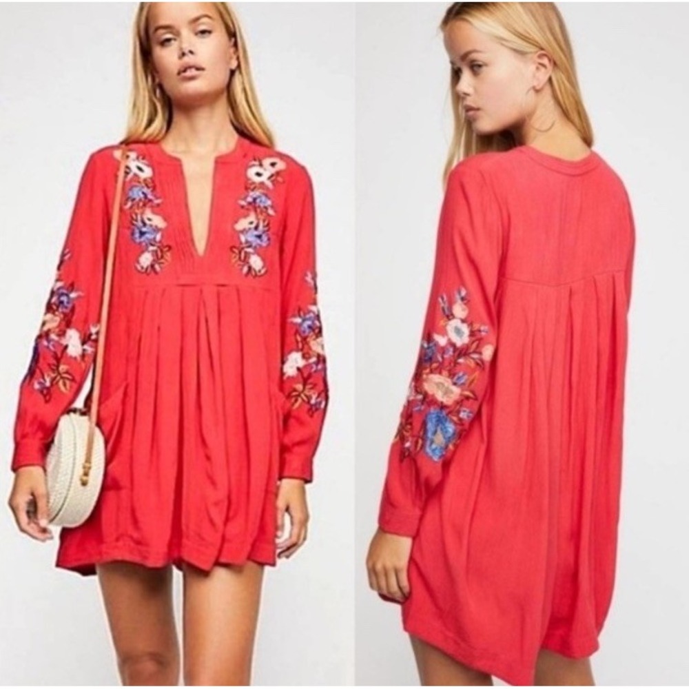 Free People Mia Gauze Floral‎ Embroidered Long Sleeve Mini Dress Size XS Red - Picture 2 of 11